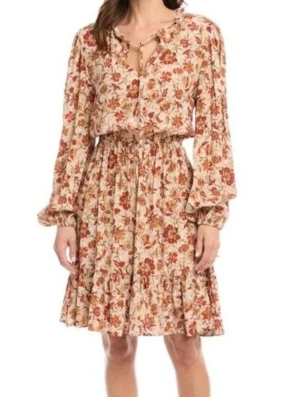 Karen Kane Sandstone Floral Long Sleeve Tiered Dress XL NWT Flowy Fall